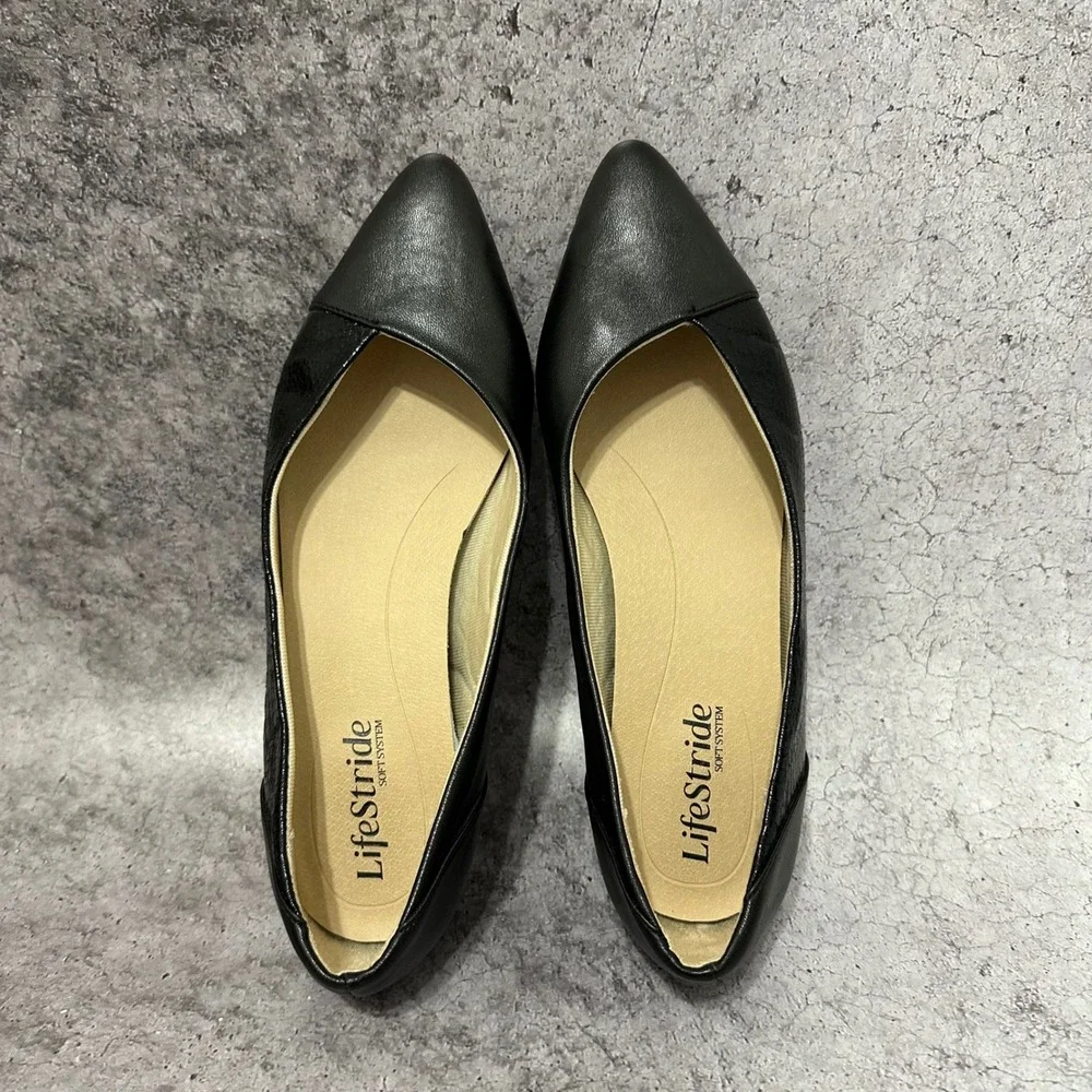 LifeStride Promise Ballet Flats Womens 7 Black Pointed Toe Mixed Texture Slip On